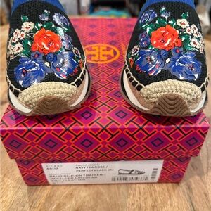 Tory Burch Black Floral Leather Espadrilles
